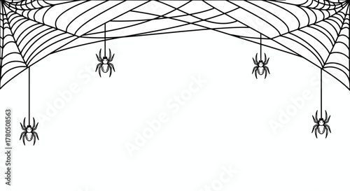 Simple Outline Spiderweb Hanging Spider Decoration Creepy Halloween Illustration