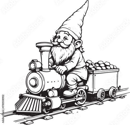 A whimsical depiction of a garden gnome joyfully navigating a miniature train on a track. The illustration is filled with charm and enchantment.