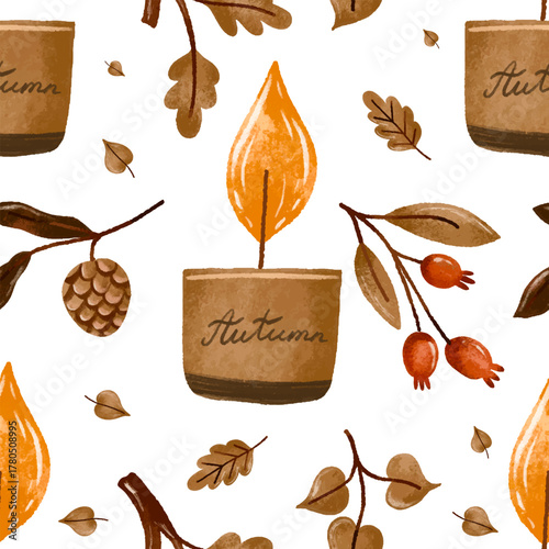 Autumnal cozy candle seamless pattern. Hand drawn watercolor fall autumn isolated background. September textile design. November Thanksgiving