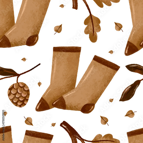 Autumnal cozy knitting socks, leaves, oak And maple  seamless pattern. Hand drawn watercolor fall autumn isolated background. September textile design. November Thanksgiving