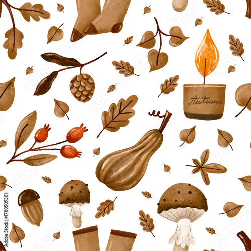 Autumnal cozy candle, sockes, leaves, oak And mushrooms seamless pattern. Hand drawn watercolor fall autumn isolated background. September textile design. November Thanksgiving