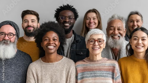 Diverse group of people smiling together in a cozy indoor setting during winter