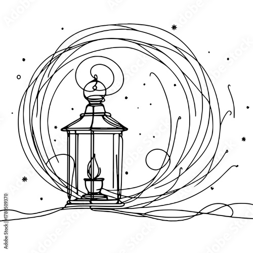 Snowstorm lines around the silhouette of a lantern Winter Weather outline / minimal linear vector