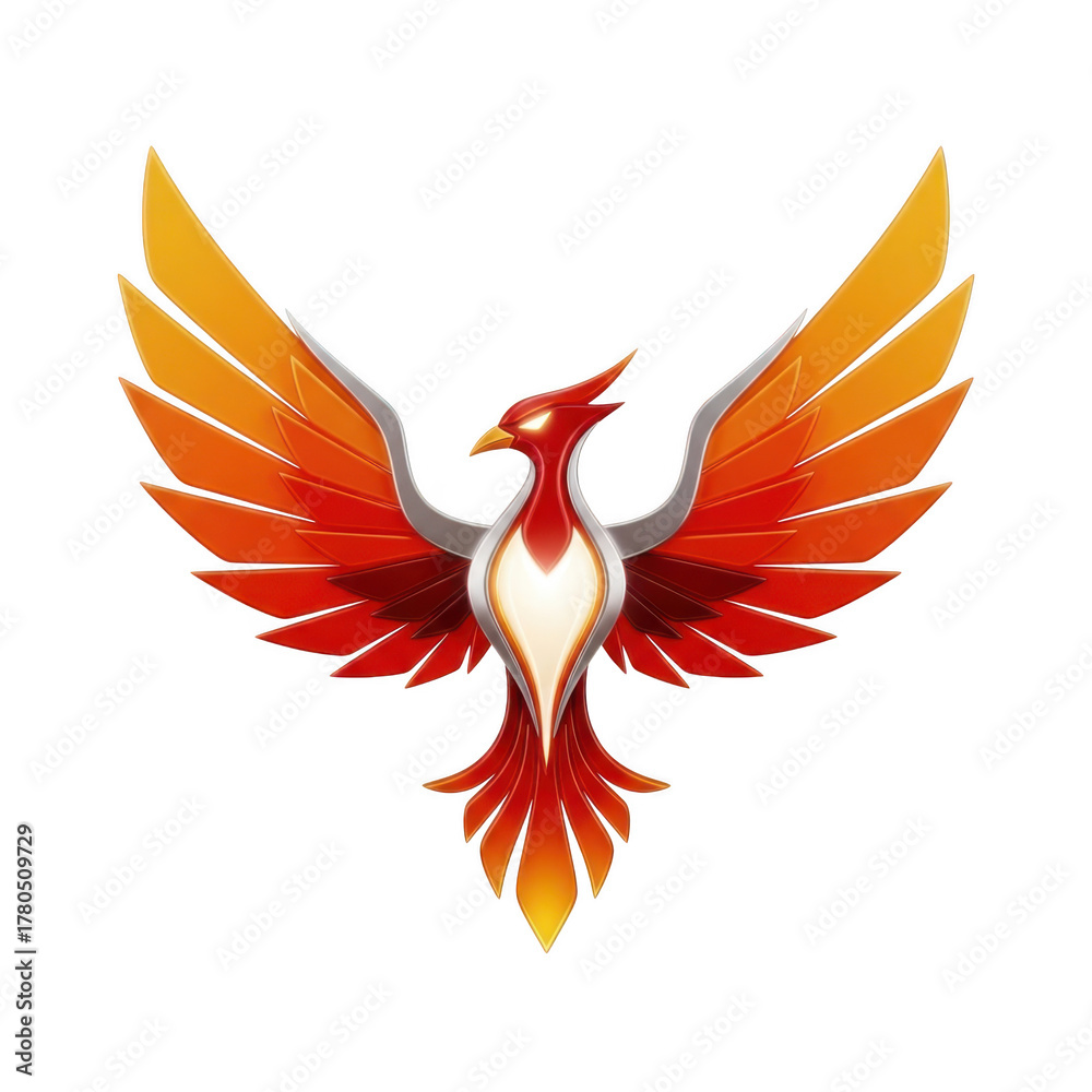Fototapeta premium Fiery Red and Orange Phoenix Emblem with Wings Spread on Background bird fire isolated on a transparent background
