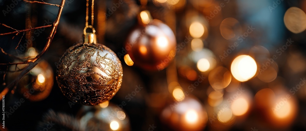 Fototapeta premium Elegant gold Christmas ornaments hanging on a tree with blurred lights, creating a warm and festive holiday atmosphere Concept of celebration, tradition, and luxury