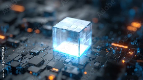 Bright transparent cube glowing on a futuristic circuit board at night