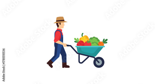 Cheerful farmer pushing wheelbarrow full of fresh vegetables, ideal for healthy eating campaign or organic food promotions and farm-to-table concepts