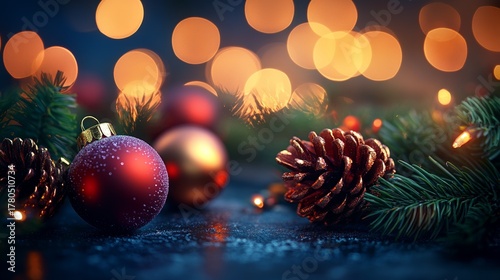 Christmas Decoration With Red Baubles Pine Cones on Bokeh Background With Soft Warm Lights Creating a Festive Holiday Scene