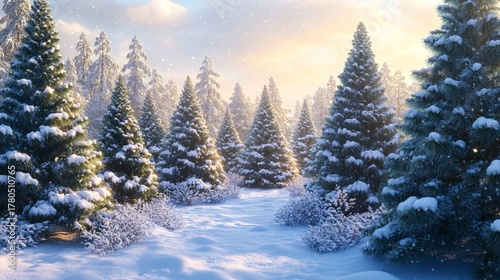 Fairy Forest in Winter With Snow-Covered Trees Illuminated by Warm Golden Light Creating a Magical Christmas Scene