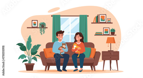 Cozy home scene with happy couple cuddling their adorable cats on the sofa, enjoying a relaxed and loving moment together indoors