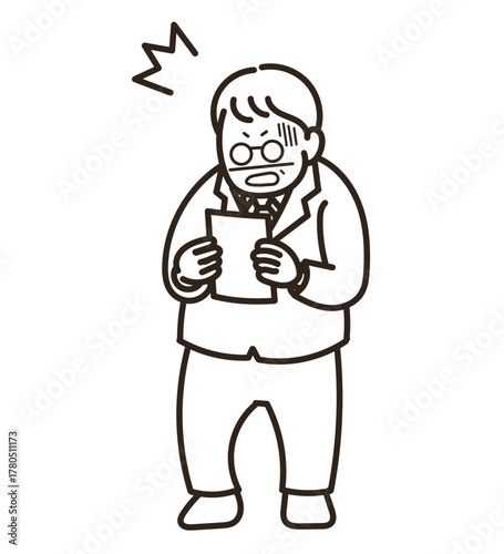 健康診断の結果にショックを受ける50代男性のイラスト　線画のみ
