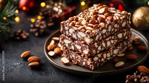 Traditional Spanish Turron Sweets in a Stack With Almonds Honey on Wooden Table With Christmas Lights in Background Representing Holiday Festivities Delicious Desserts