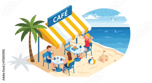 A stylish beach cafe with friends and family, relax by the seaside under a palm tree with refreshing drinks and sunshine