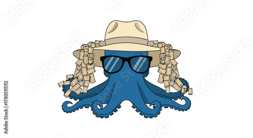 Cool octopus sporting sunglasses and a wine cork wig with hat, ready for a beach party or quirky wine event promotion