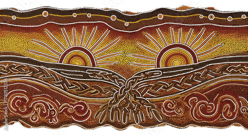Authentic aboriginal art featuring the sun, earth, and water in rich earthy tones for educational materials and cultural appreciation projects