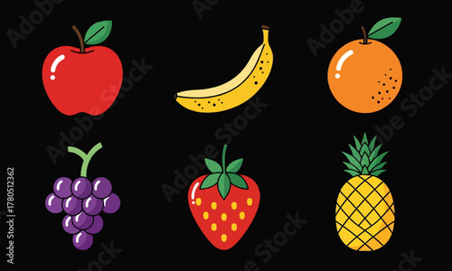 Colorful Fruit Icons Vector Set on Black Background, Fresh Tropical and Citrus Fruits Illustration