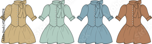 Four Dresses in Different Colors Peach, Mint Green, Light Blue, and Terracotta