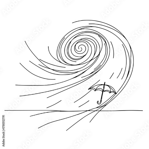 Scene with umbrella and wind (asymmetrical vortex) Winter Weather outline / minimal linear vector