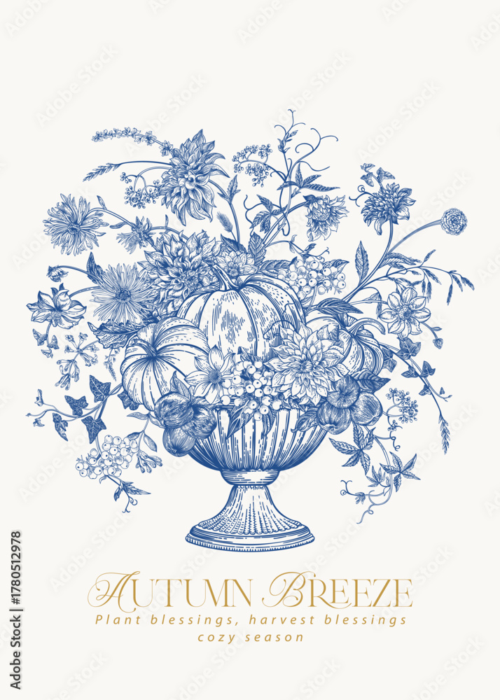 Fototapeta premium Elegant blue-and-white botanical illustration of a floral autumn bouquet with pumpkins, gourds, and wildflowers in a vintage urn.