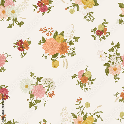 Vintage seamless floral pattern featuring autumnal blooms berries and apples. Ideal for wallpaper, textiles and design projects