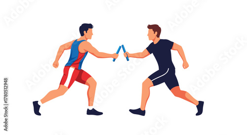 Dynamic relay race exchange with focused runners passing the baton, embodying teamwork and athletic competition in vibrant colors and motion