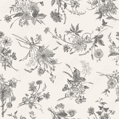 Elegant vintage floral seamless pattern. Detailed botanical illustrations with classic flower arrangements: chrysanthemums, dahlias, berries, herbs and spikelets.  Black and white.