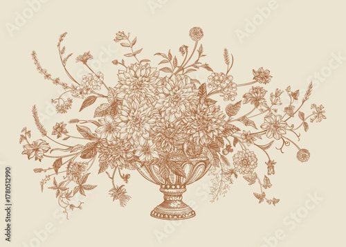 Floral arrangement with twisting herbaceous vines, dahlias, asters, zinnias, spikelets, and honeysuckle berries. Vector botanical illustration. Greeting card with flowers in an engraving style in brow