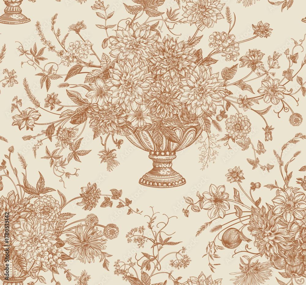 Fototapeta premium Seamless pattern with floral arrangements with climbing herbaceous vines, dahlias, asters, zinnias, spikes, and honeysuckle berries. Vector botanical illustration. Brown engraving-style background
