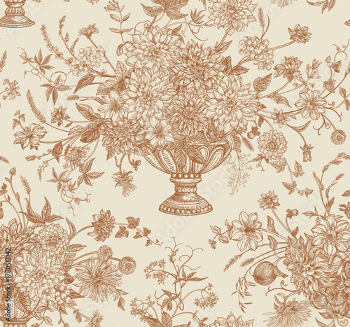 Seamless pattern with floral arrangements with climbing herbaceous vines, dahlias, asters, zinnias, spikes, and honeysuckle berries. Vector botanical illustration. Brown engraving-style background