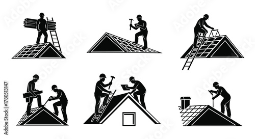 Roofers at work constructing and repairing roofs, ensuring safety and quality for your home, a reliable construction crew for your project