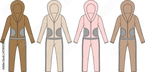 Fashion illustration of several tracksuits in a variety of solid colors, suitable for digital art