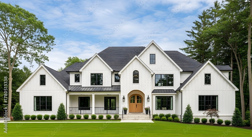 Obraz premium Modern luxury farmhouse style home exterior with lush green lawn and sunny blue sky