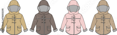 Set of four cartoon-style illustrated winter coats for children, available in four different colors