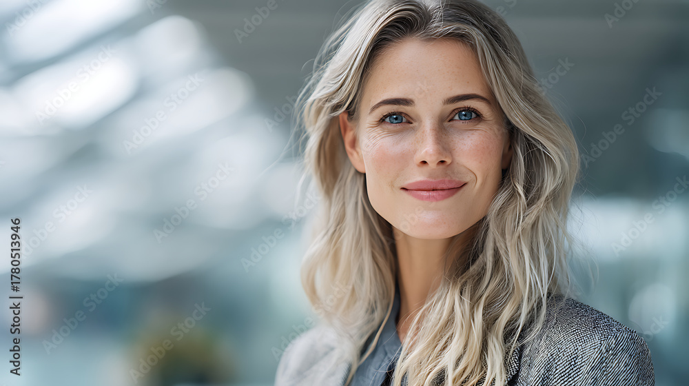 Obraz premium Professional headshot portrait of a blonde woman in business attire for corporate branding needs