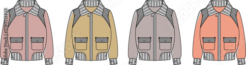 Fashionable bomber jacket design showcased in multiple contemporary color variations, presented as detailed apparel technical flats for clothing production and textile design projects