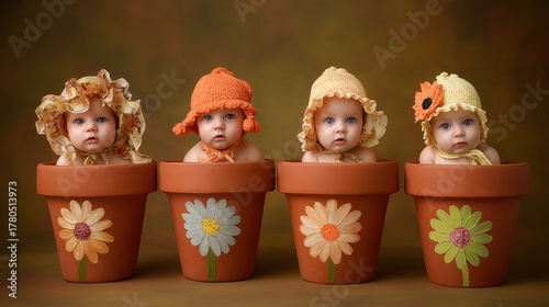 Bébés mignons dans pots de fleur