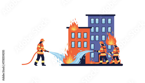 Brave firefighters battling a dangerous building fire with water hoses to control flames and protect property in a vibrant emergency scene