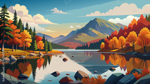 Very beautiful autumn landscape of Acadia National Park, Maine, USA, featuring colorful fall trees surrounding a calm lake with mountain reflections, warm sunlight, and realistic natural scenery.