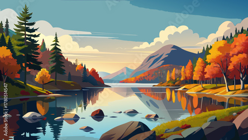 Very beautiful autumn landscape of Acadia National Park, Maine, USA, featuring colorful fall trees surrounding a calm lake with mountain reflections, warm sunlight, and realistic natural scenery.