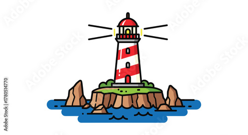 Striking lighthouse illustration on a rocky island guiding travelers, perfect for nautical designs and coastal themed projects and websites