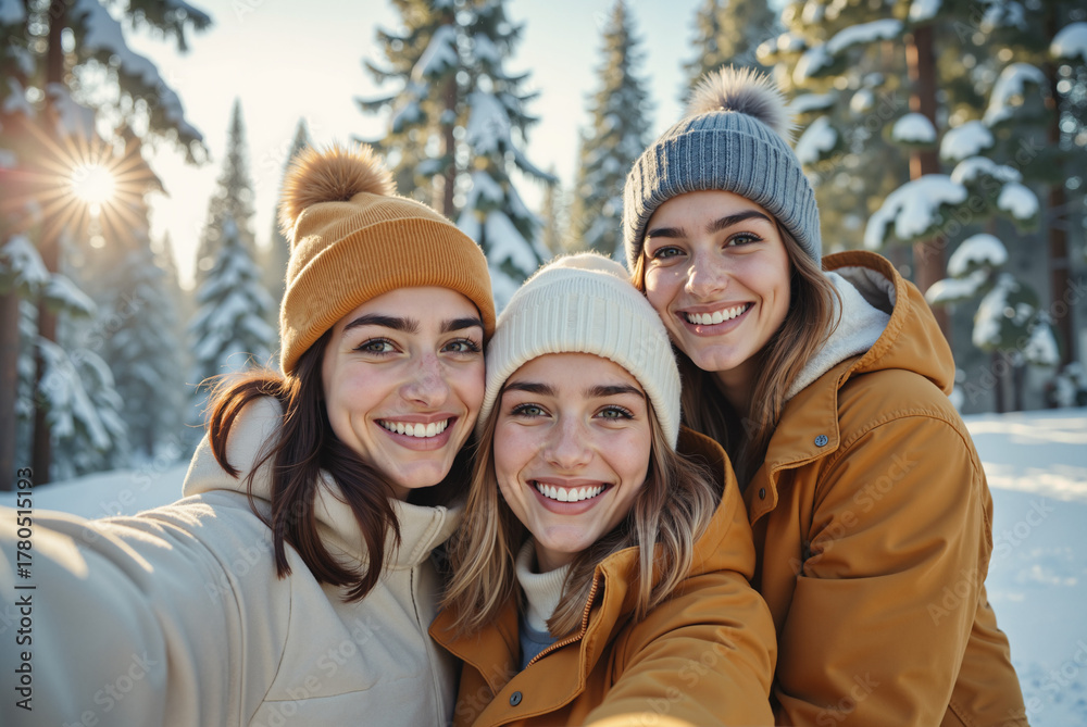 Fototapeta premium Winter Group Selfie - Three Young Friends with Warm Hats and Jackets in Snowy Forest for International Friendship Day Social Media, Celebration Posts, and Holiday Greeting Cards
