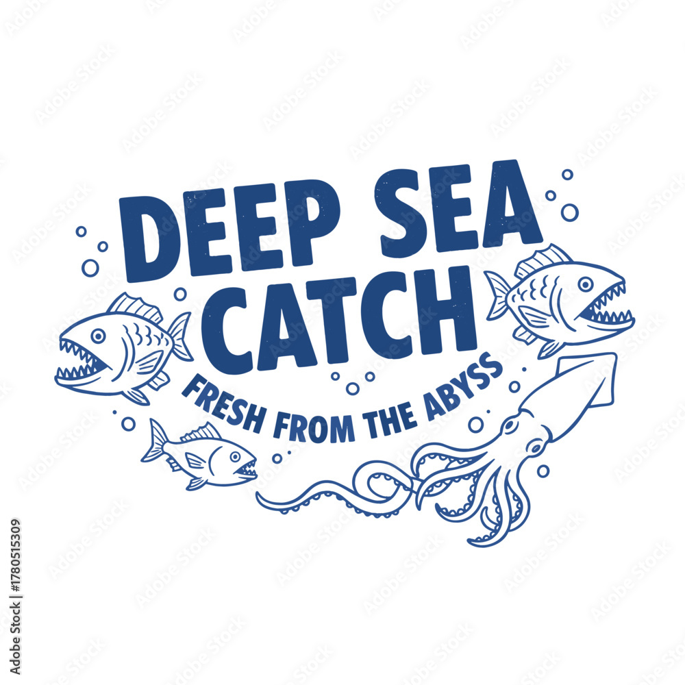 Obraz premium Deep Sea Catch Emblem. Retro Seafood Badge Design. Vintage Fishery Vector Art. Ocean Life Graphic Print. Squid and Fish Illustration