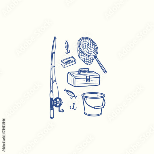 Fishing Gear Doodle Set. Hand Drawn Angling Tools. Rod Reel and Tackle Box. Vintage Fishing Supplies. Outdoor Hobby Sketch Icons