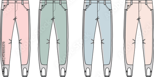 Collection of Four Colorful Pants with Stirrups Fashion Design Elements for Apparel Projects