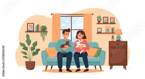 Happy couple cuddling with their cats on the sofa at home, perfect for heartwarming stories about love, family, and pet adoption campaigns