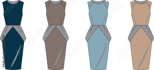 Technical Drawing Collection  Fashionable Dress Design in Four Color Variations