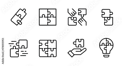 Puzzle problem solving teamwork solution icons collection