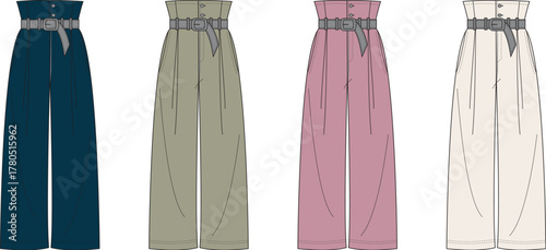 Fashion technical flat sketch set of a women's strapless wide-leg jumpsuit with a D-ring belt. Vector clothing design template in four colorways