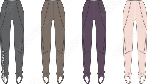 Fashion Illustrations of Women's Stirrup Leggings in Various Colors for Apparel Design