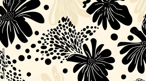 Vector background in modern fauvist style. Abstract black floral shapes scattered chaotically on a beige backdrop. Bold, expressive and organic design with artistic, minimal vibes.
